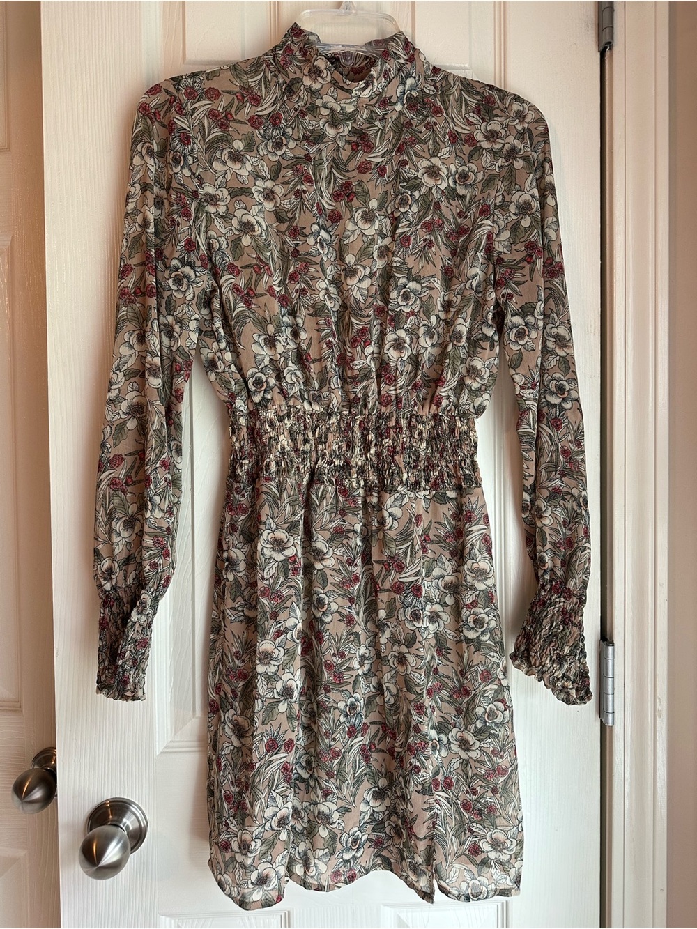 Paper Crane Beige Floral Smocked-Waist Mini Dress with Red & Green Accents